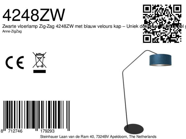 Zwarte vloerlamp zig-zag 4248zw met blauw velours kap – uniek design en functioneel gebruik