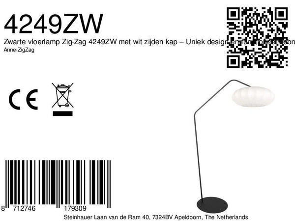 Zwarte vloerlamp zig-zag 4249zw met wit zijden kap – uniek design en functioneel gebruik