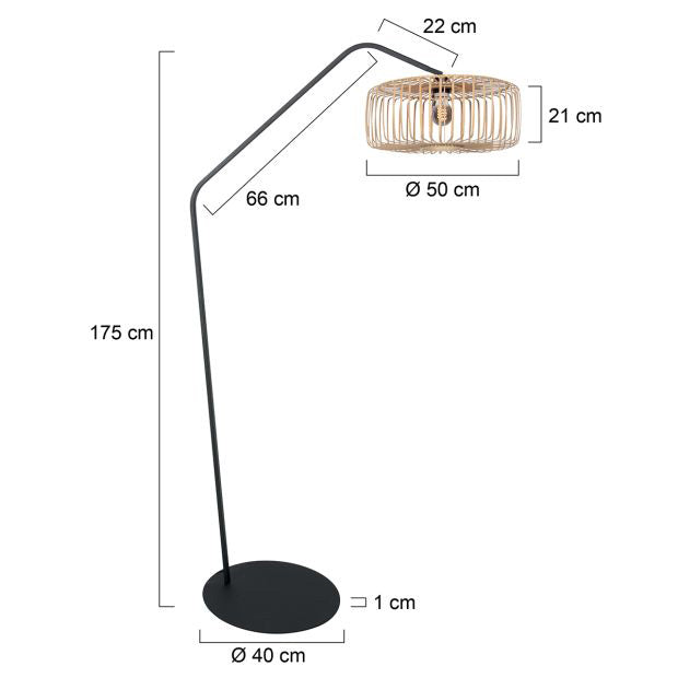 Zwarte vloerlamp zig-zag 4250zw met naturelkleurige bamboe kap