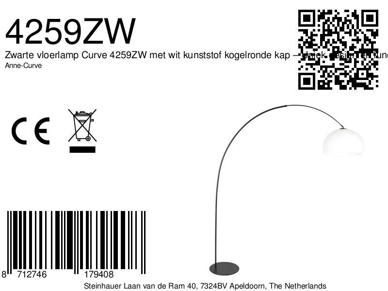 Vloerlamp curve 4259zw - zwarte booglamp met witte bolkap