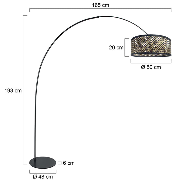 Vloerlamp curve 4261zw zwarte booglamp met bamboe kap
