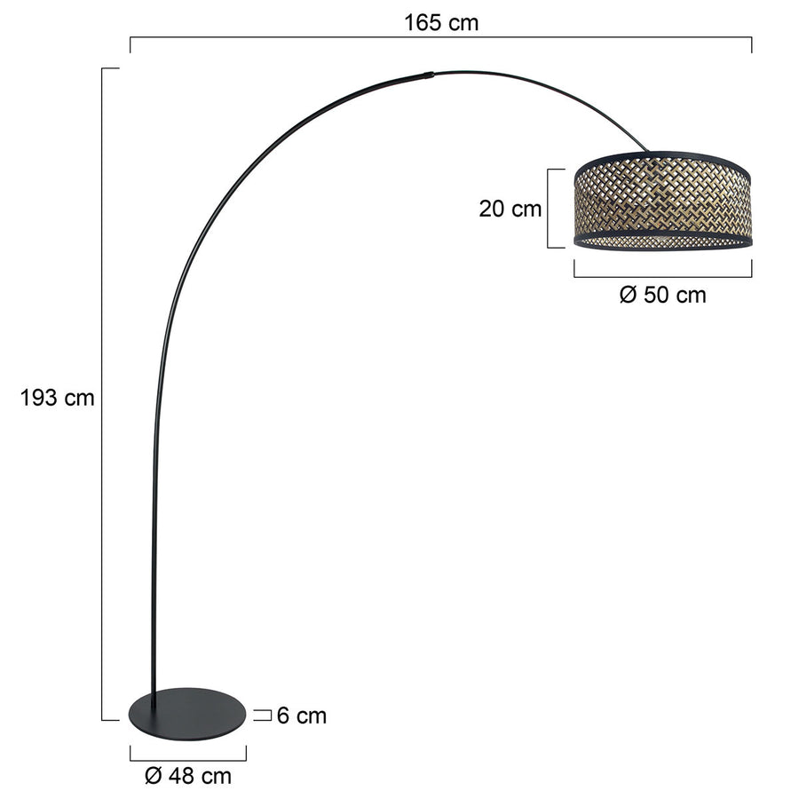Vloerlamp curve 4261zw zwarte booglamp met bamboe kap