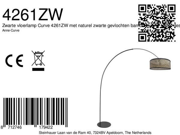 Vloerlamp curve 4261zw zwarte booglamp met bamboe kap