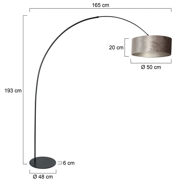 Vloerlamp curve 4263zw - zwarte booglamp met grijs velours kap