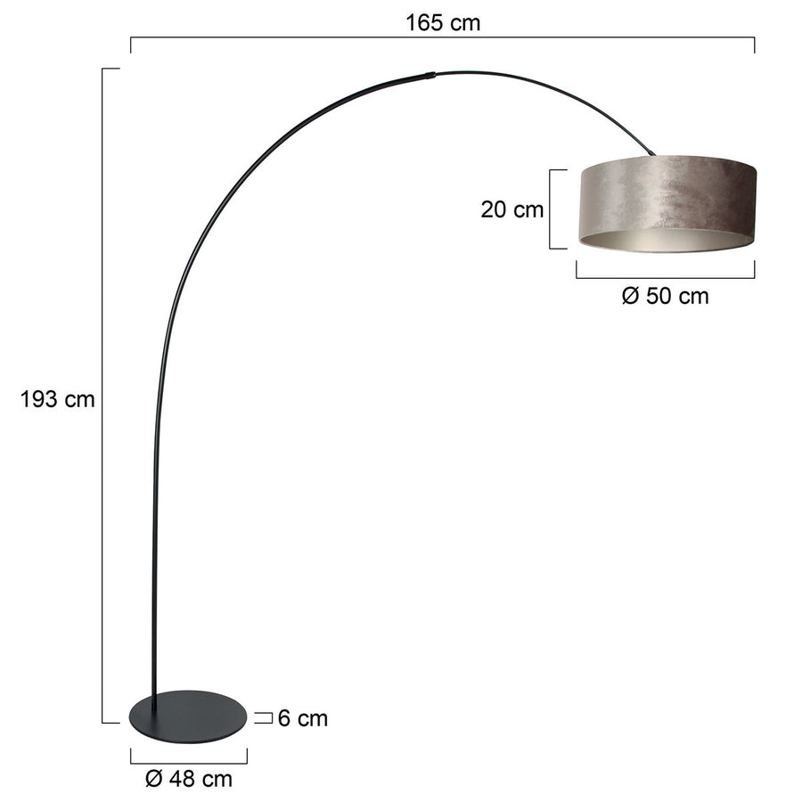 Vloerlamp curve 4263zw - zwarte booglamp met grijs velours kap
