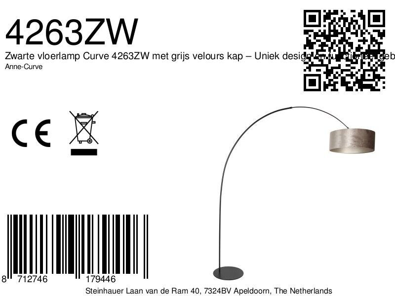 Vloerlamp curve 4263zw - zwarte booglamp met grijs velours kap