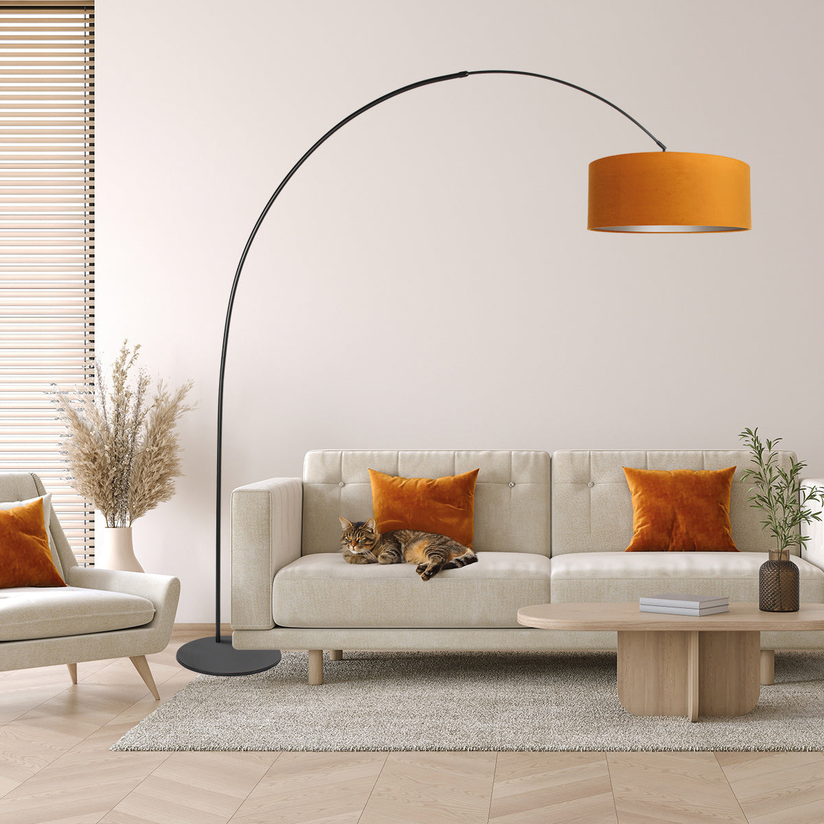 Vloerlamp curve 4264zw - zwarte booglamp met gouden velours kap