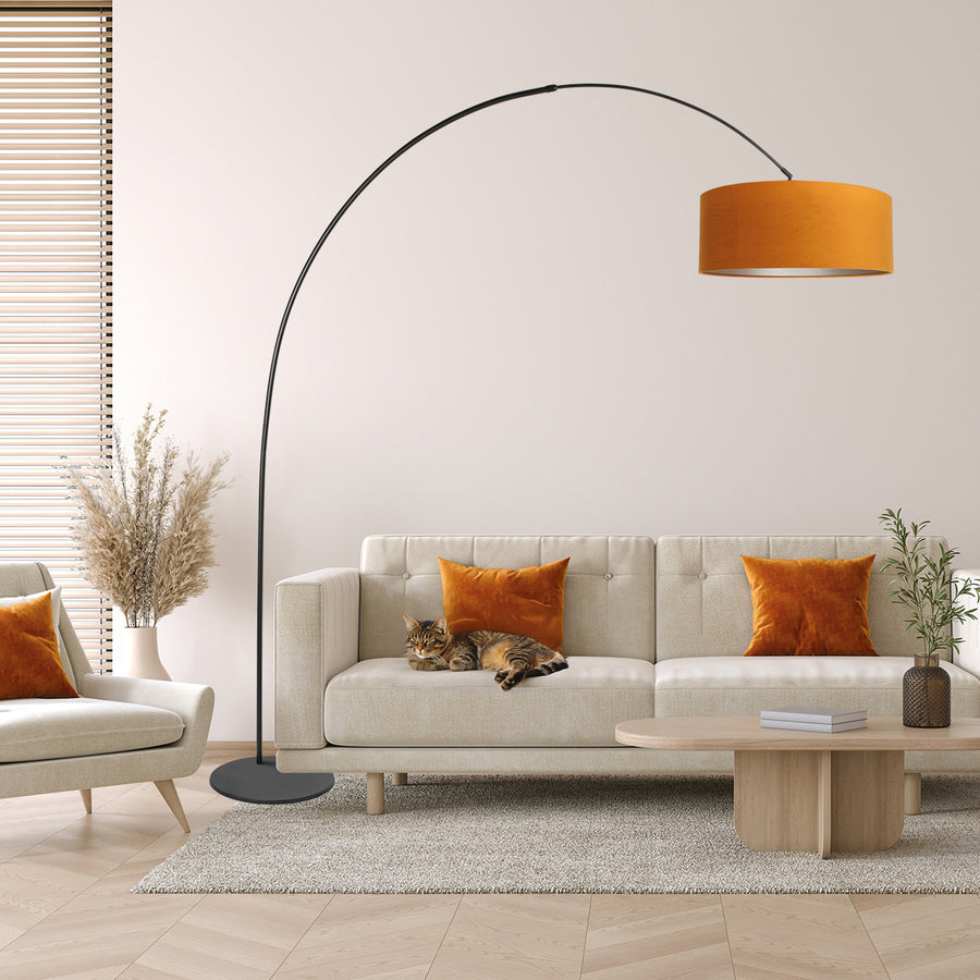Vloerlamp curve 4264zw - zwarte booglamp met gouden velours kap
