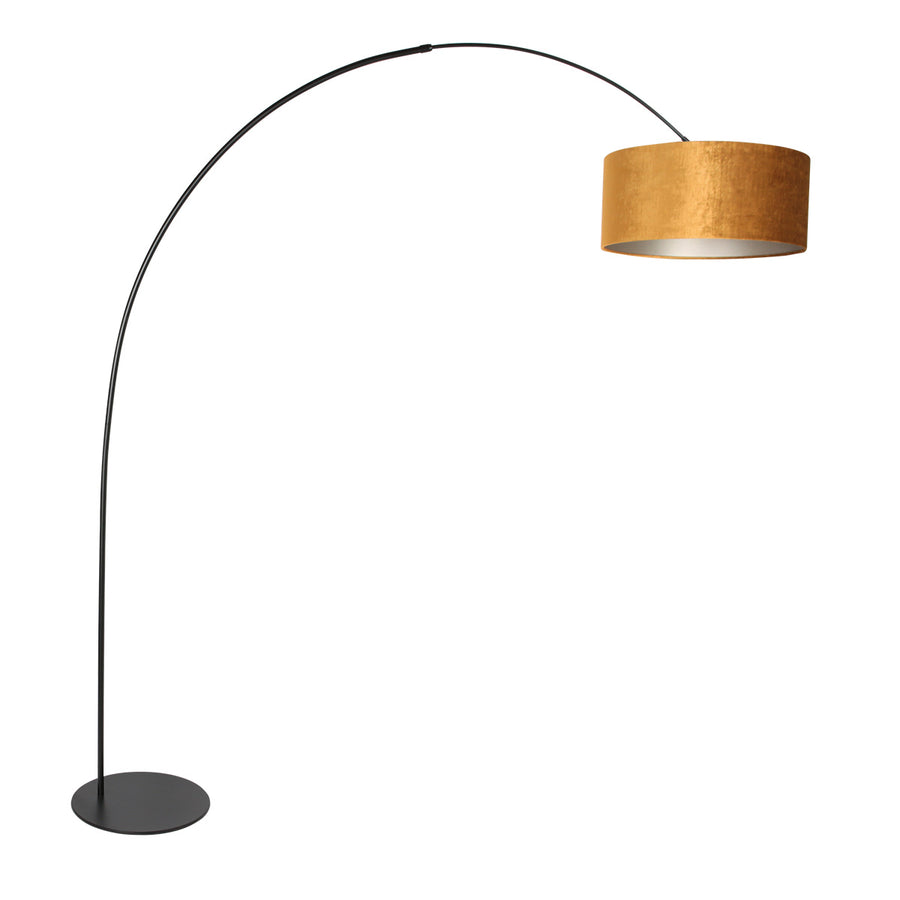 Vloerlamp curve 4264zw - zwarte booglamp met gouden velours kap