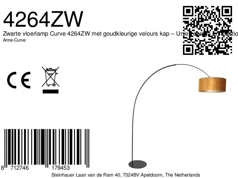 Vloerlamp curve 4264zw - zwarte booglamp met gouden velours kap