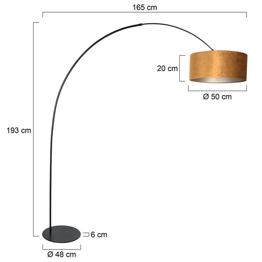 Vloerlamp curve 4264zw - zwarte booglamp met gouden velours kap