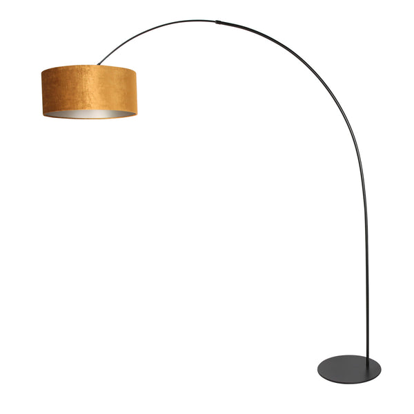Vloerlamp curve 4264zw - zwarte booglamp met gouden velours kap