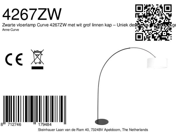 Vloerlamp curve 4267zw - zwarte booglamp met wit grof linnen kap