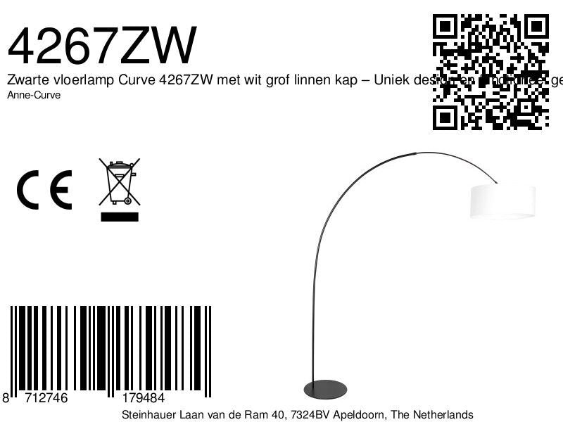 Vloerlamp curve 4267zw - zwarte booglamp met wit grof linnen kap