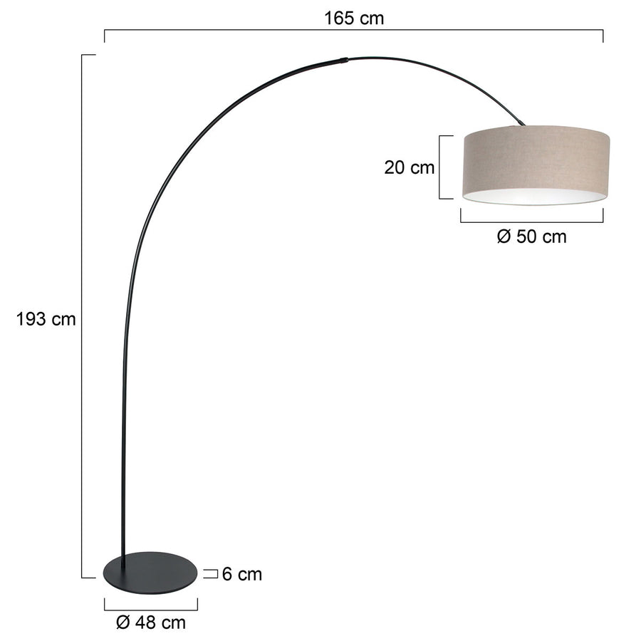 Vloerlamp curve 4268zw - zwarte booglamp met grijs linnen kap