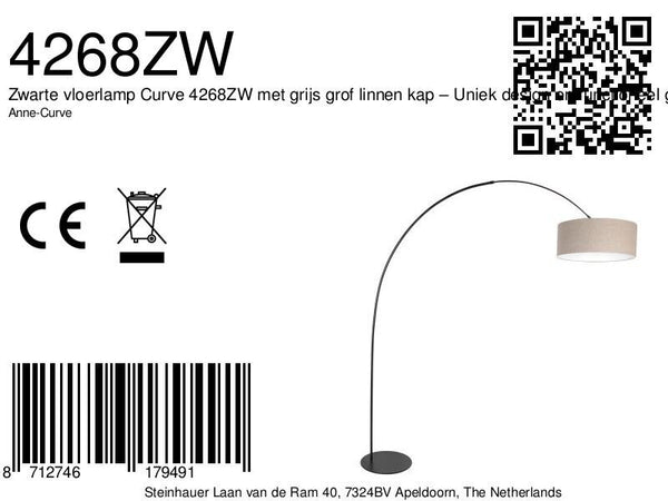 Vloerlamp curve 4268zw - zwarte booglamp met grijs linnen kap