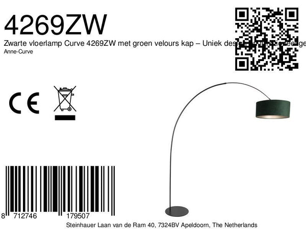 Vloerlamp curve 4269zw - zwarte booglamp met groene velours kap
