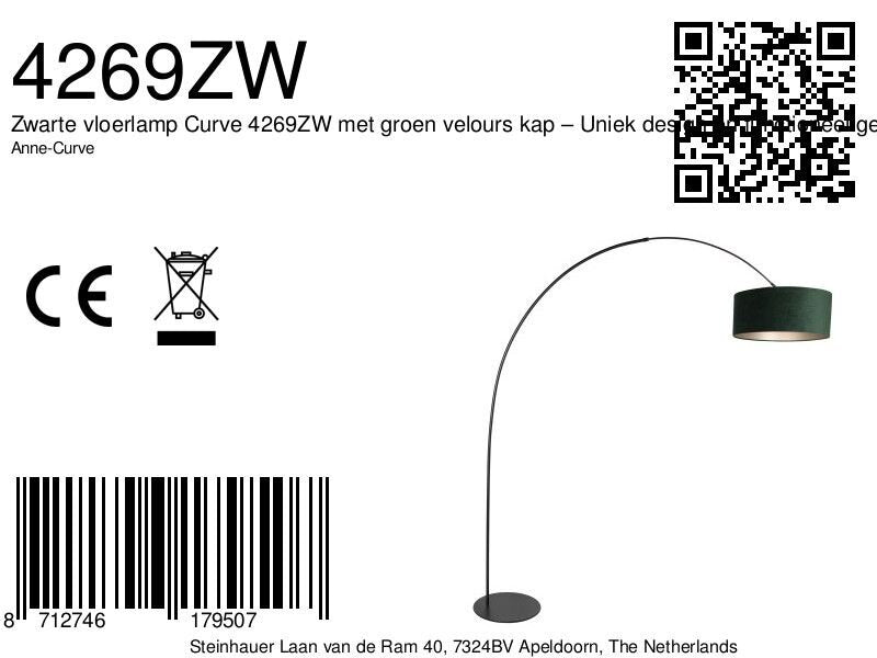Vloerlamp curve 4269zw - zwarte booglamp met groene velours kap