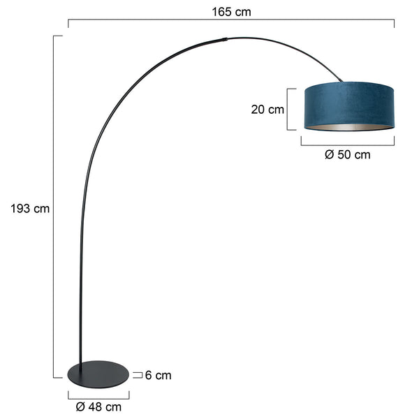 Vloerlamp curve 4271zw - zwarte booglamp met blauwe velours kap