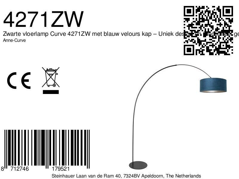 Vloerlamp curve 4271zw - zwarte booglamp met blauwe velours kap