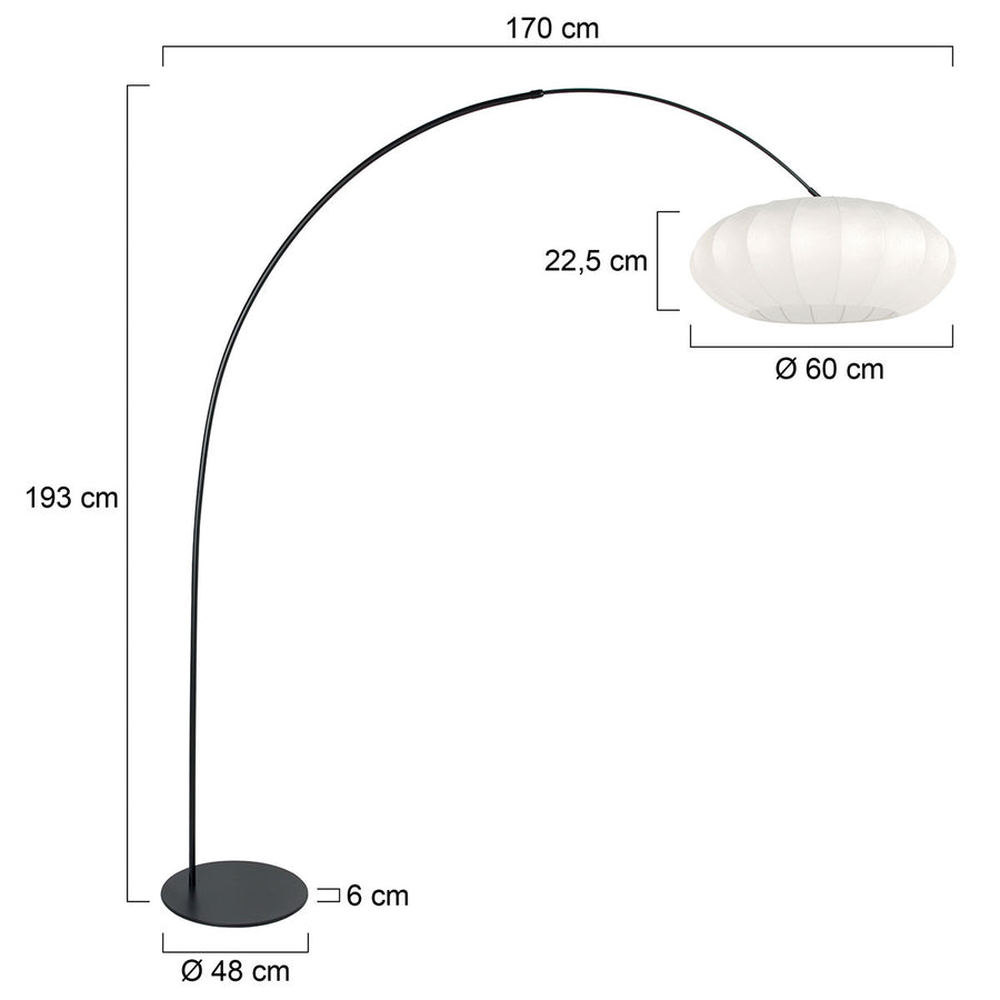 Vloerlamp curve 4272zw - zwarte booglamp met wit zijde kap