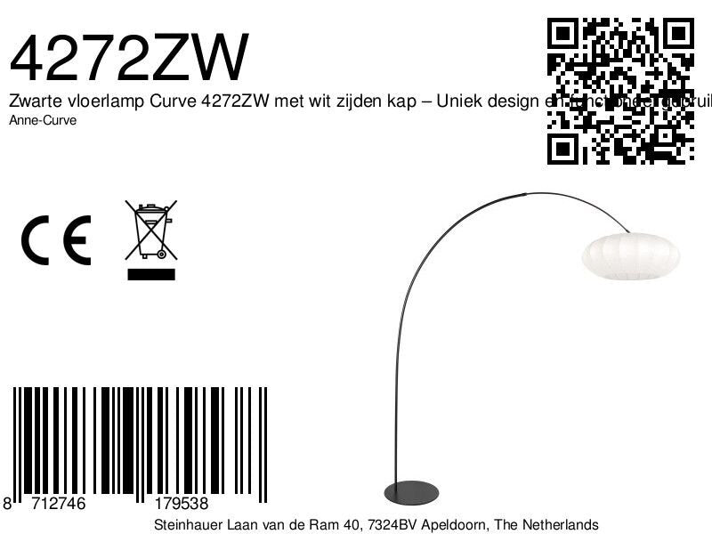 Vloerlamp curve 4272zw - zwarte booglamp met wit zijde kap