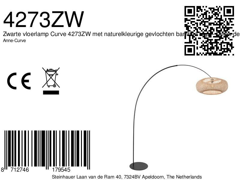 Vloerlamp curve 4273zw - zwarte booglamp met beige bamboe kap