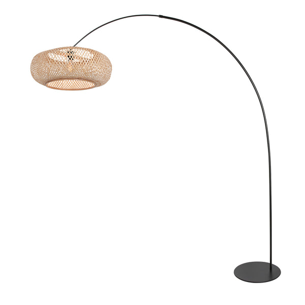 Vloerlamp curve 4273zw - zwarte booglamp met beige bamboe kap