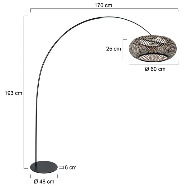 Vloerlamp curve 4274zw - zwarte booglamp met natuurlijk gevlochten zwart/beige bamboe