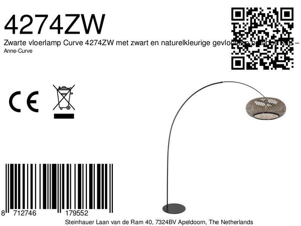 Vloerlamp curve 4274zw - zwarte booglamp met natuurlijk gevlochten zwart/beige bamboe