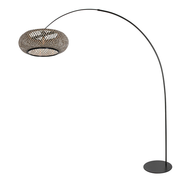 Vloerlamp curve 4274zw - zwarte booglamp met natuurlijk gevlochten zwart/beige bamboe