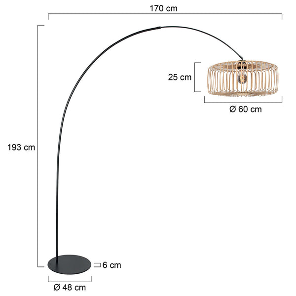 Vloerlamp curve 4275zw - zwarte booglamp met bamboe kap