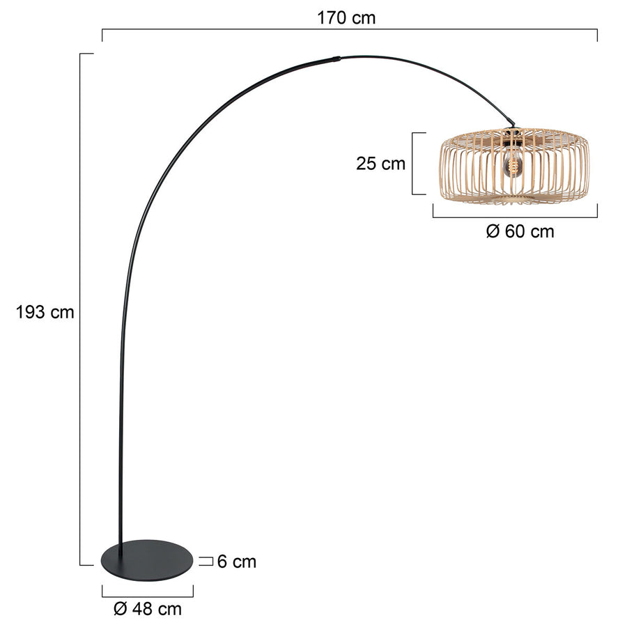 Vloerlamp curve 4275zw - zwarte booglamp met bamboe kap