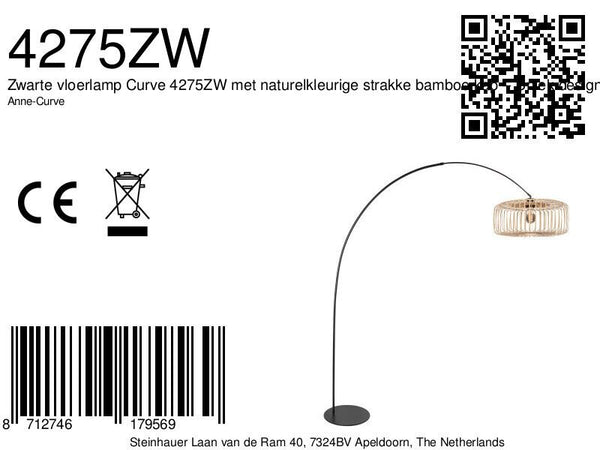 Vloerlamp curve 4275zw - zwarte booglamp met bamboe kap