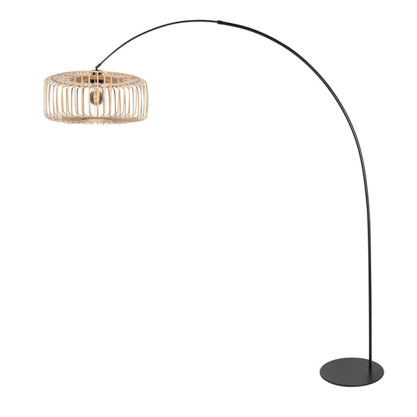 Vloerlamp curve 4275zw - zwarte booglamp met bamboe kap