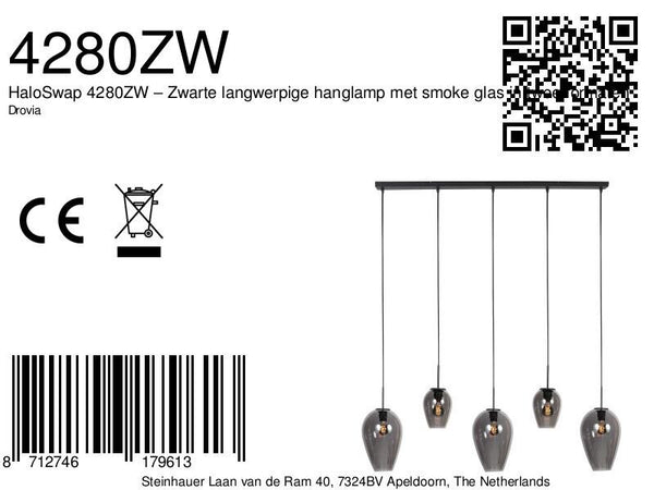 Hanglamp drovia 4280zw met smoke glas in twee formaten
