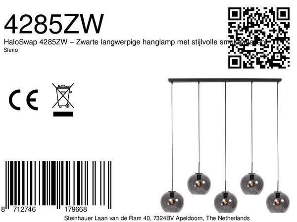 Sferio 4285zw – langwerpige hanglamp met stijlvolle smoke glazen
