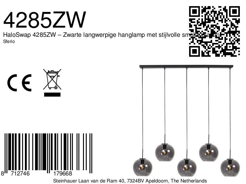 Sferio 4285zw – langwerpige hanglamp met stijlvolle smoke glazen