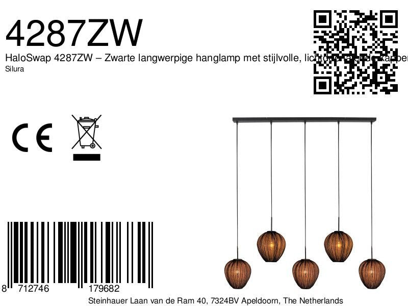 Hanglamp silura 4287zw – 5-lichts balk met linnen kapjes