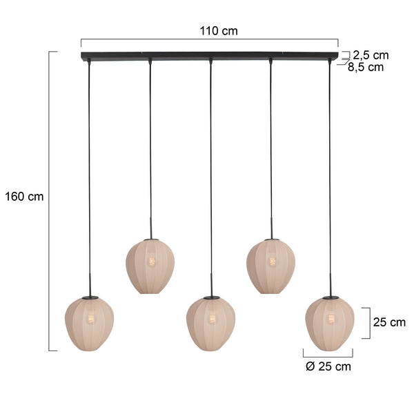 Hanglamp silura 4288zw – 5-lichts balk met linnen kapjes