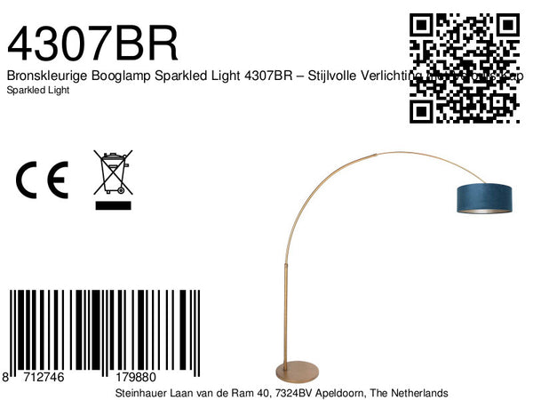 Bronskleurige Booglamp Sparkled Light 4307BR – Stijlvolle Verlichting met Velours Kap