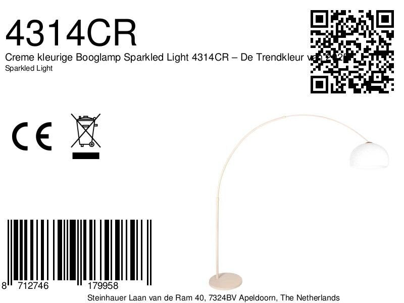 Booglamp sparkled light 4314cr crème met witte kunststof kap