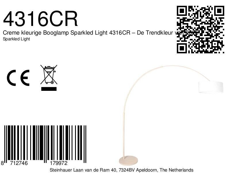 Booglamp sparkled light 4316cr crème met grof wit linnen kap