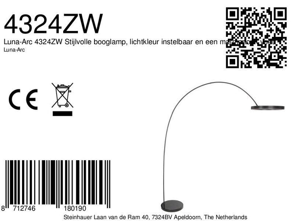 Luna-arc 4324zw stijlvolle booglamp, lichtkleur instelbaar en een marmerlook voet