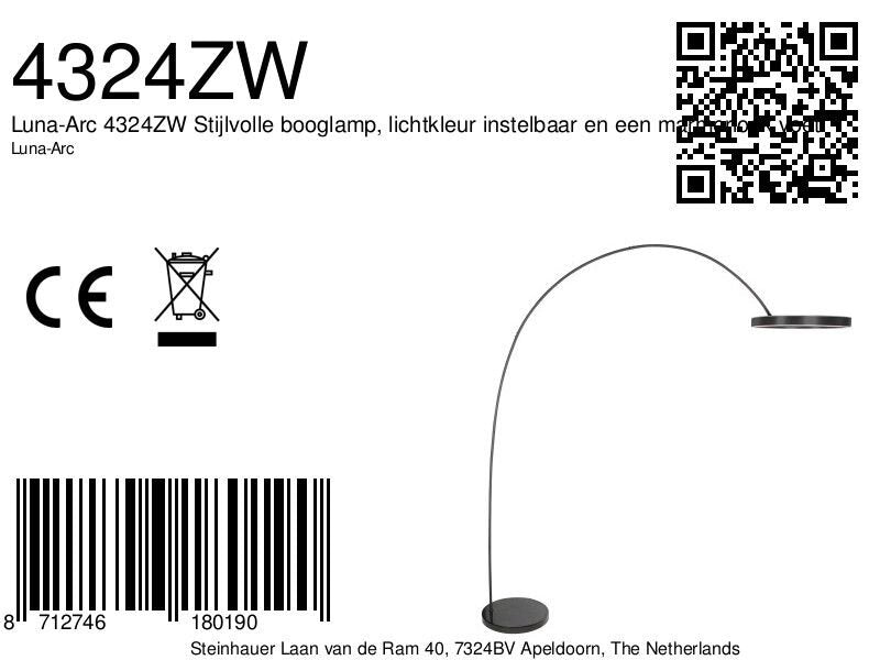 Luna-arc 4324zw stijlvolle booglamp, lichtkleur instelbaar en een marmerlook voet