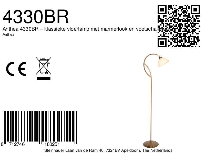 Anthea 4330BR – klassieke vloerlamp met marmerlook en voetschakelaar