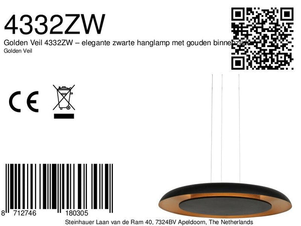 Golden Veil 4332ZW – elegante zwarte hanglamp met gouden binnenzijde