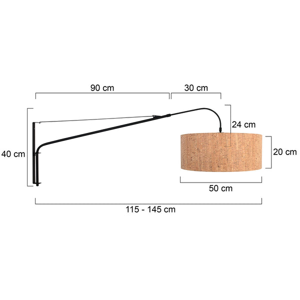 Elegant Classy 4336ZW wandlamp – zwart met kurken kap Ø50 cm