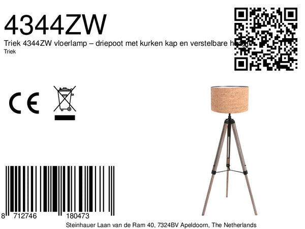 Vloerlamp triek 4344zw met beige kurk kap ø40 cm