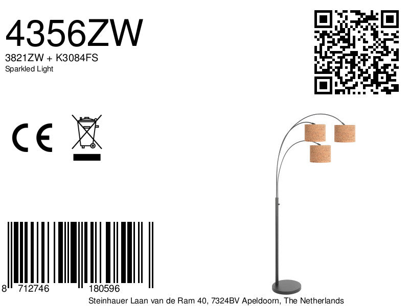 3-lichts vloerlamp sparkled light 4356zw met beige kurkstructuur kappen